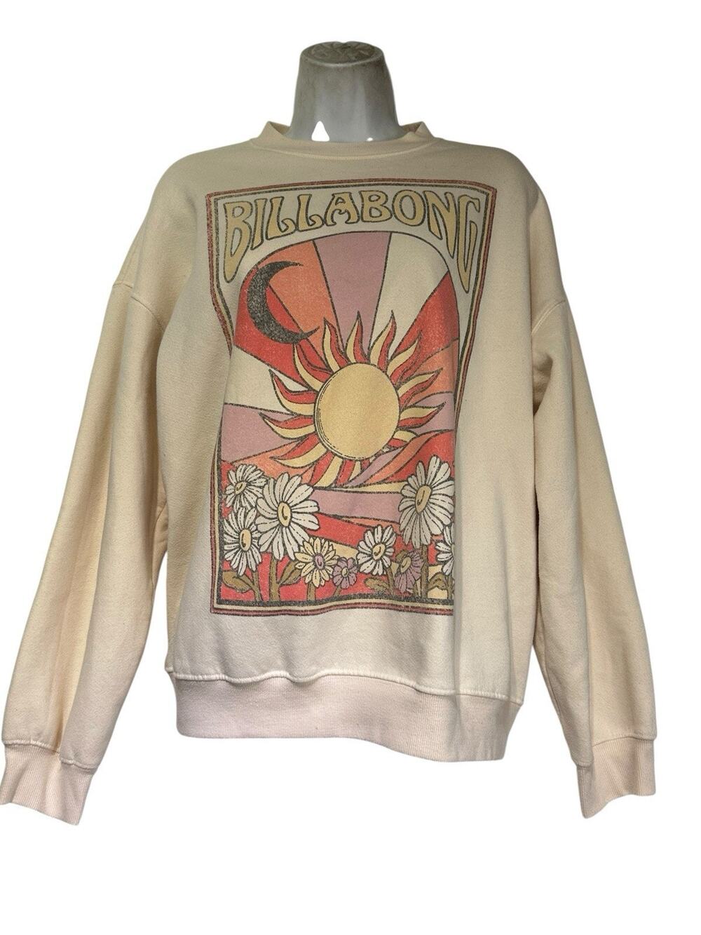 Billabong Women’s Size S Cream Sun Moon Floral Graphic Crewneck Sweatshirt